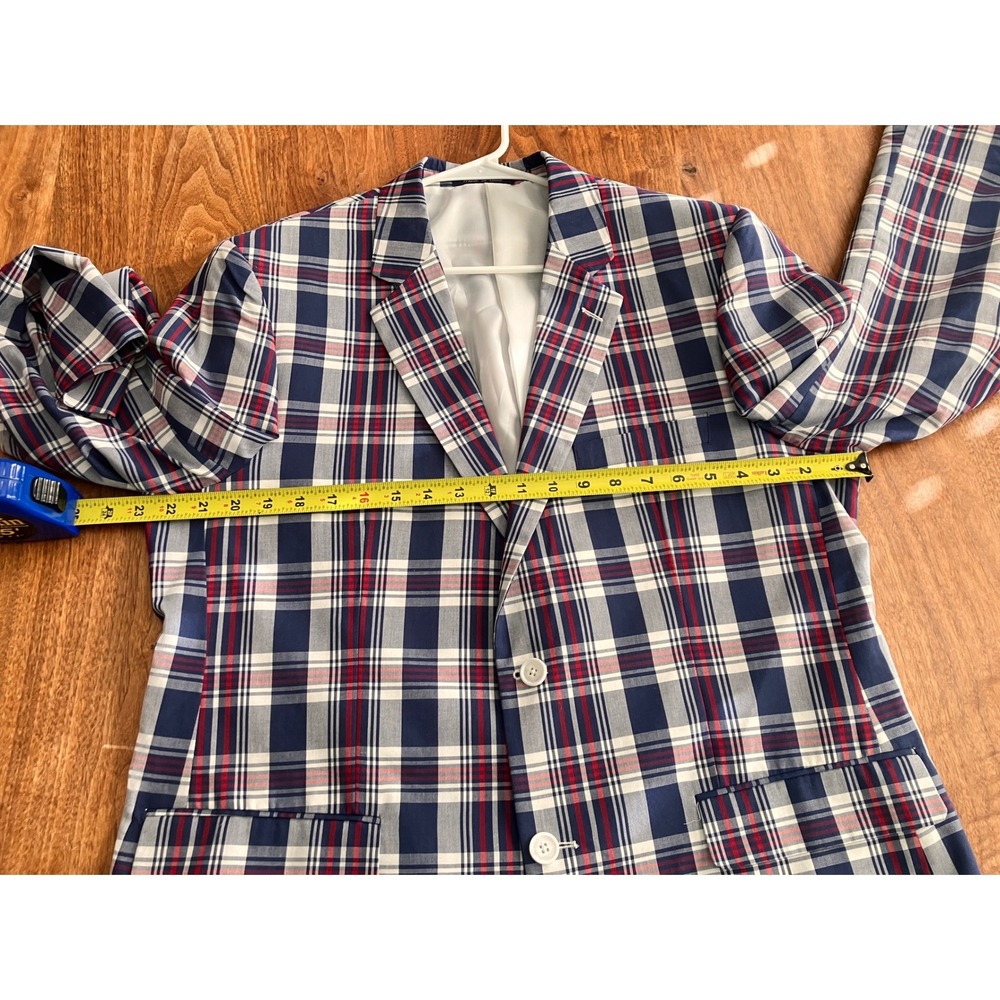 Alan Flusser Mens 44R Blazer Sport Coat Navy Blue Red White Plaid Cotton Blend - Picture 9 of 12